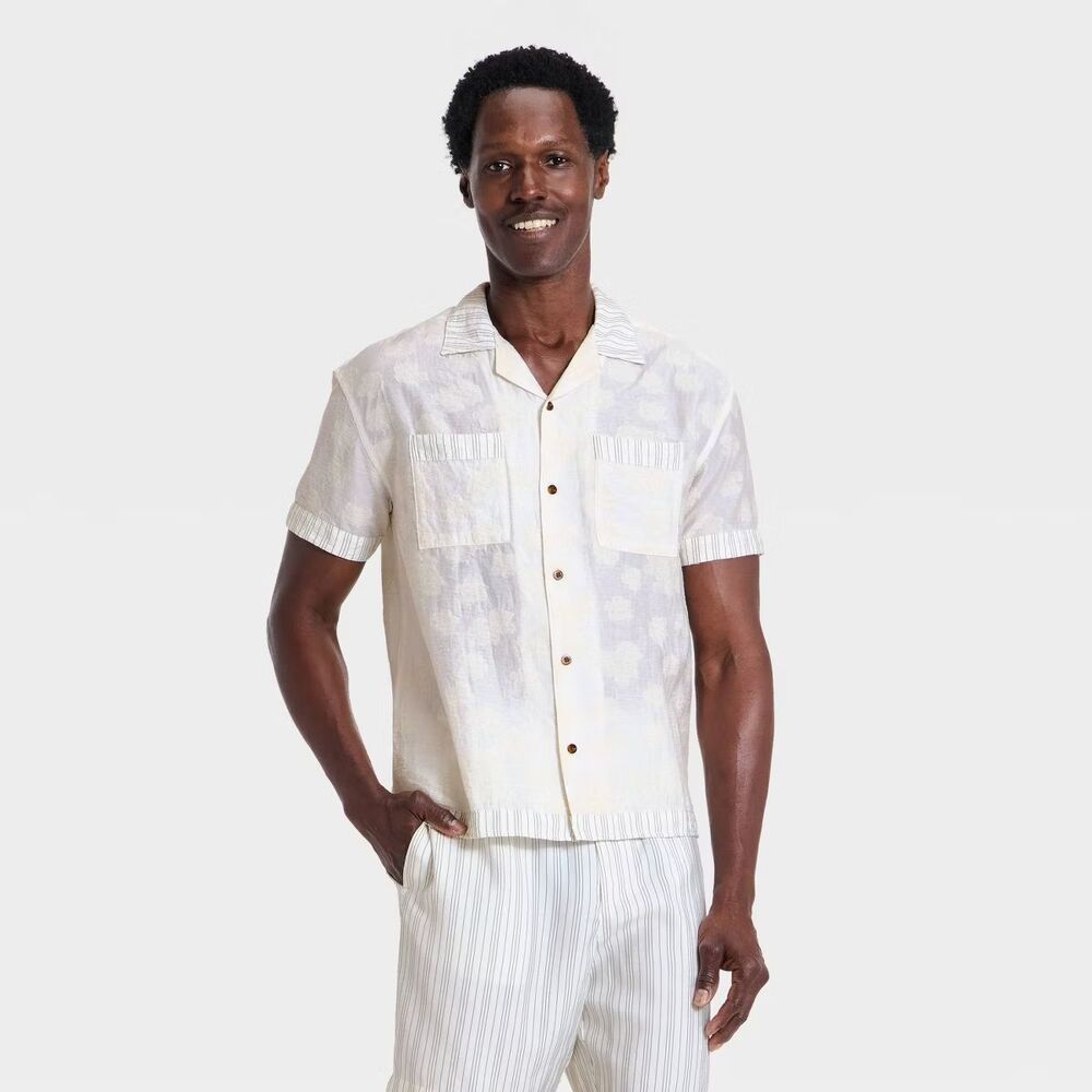 Houston White Men's Floral Jacquard Short Sleeve Camp Shirt L NWT